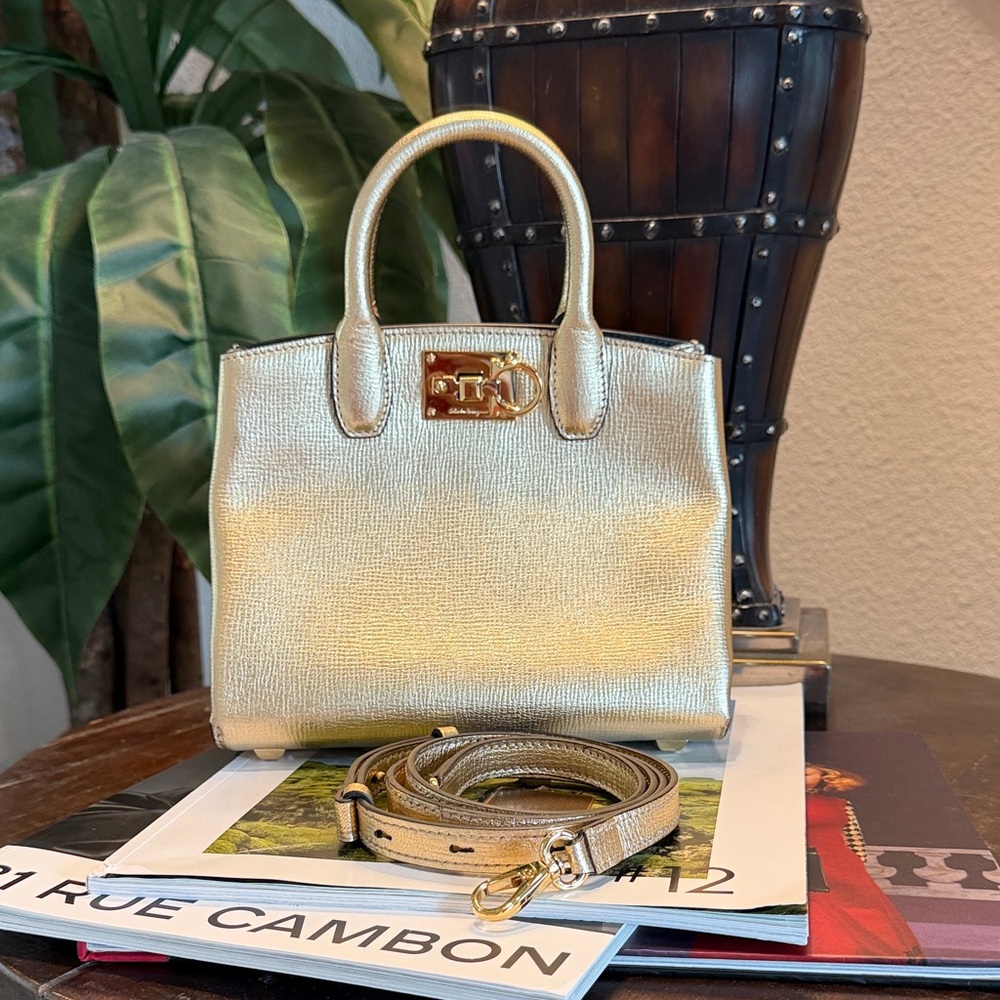 Salvatore Ferragamo Gold Metallic Top-Handle Mini Studio  Handle Crossbody Bag
